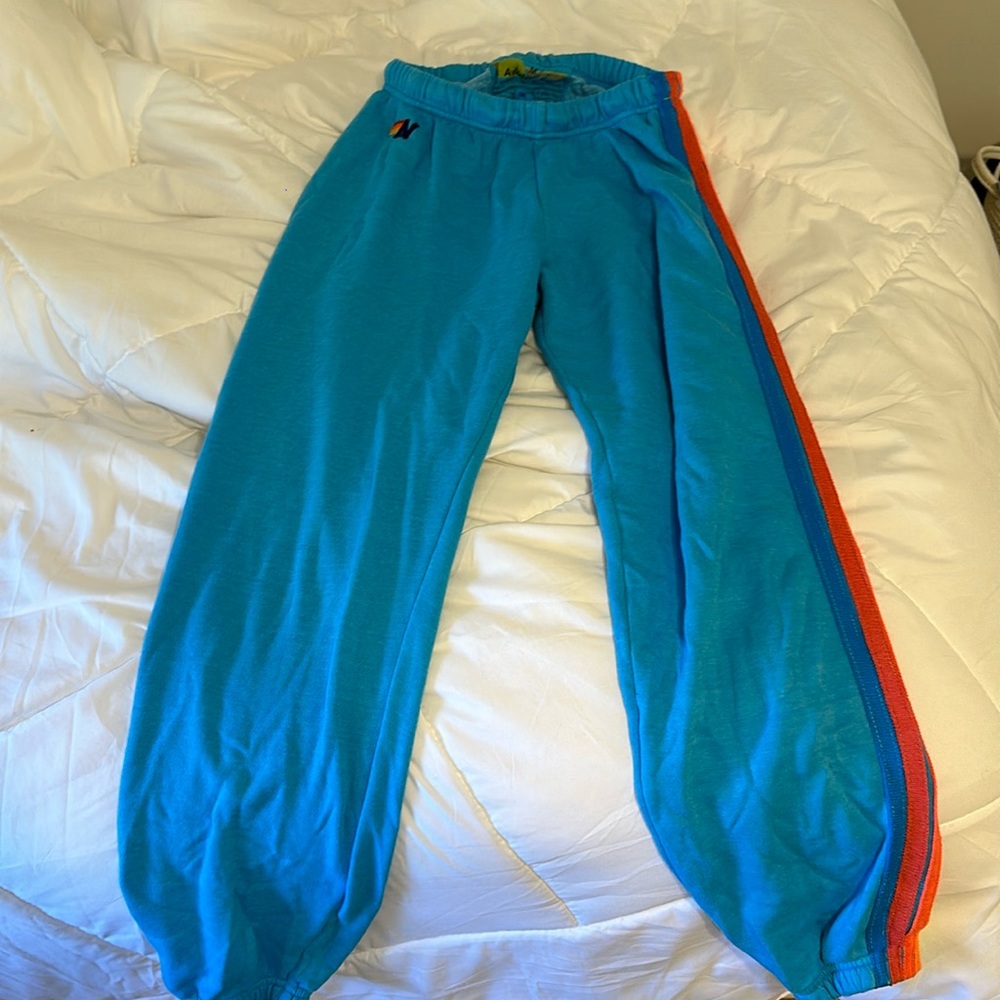 Blue Aviator nation, sweatpants with rainbow on the side
